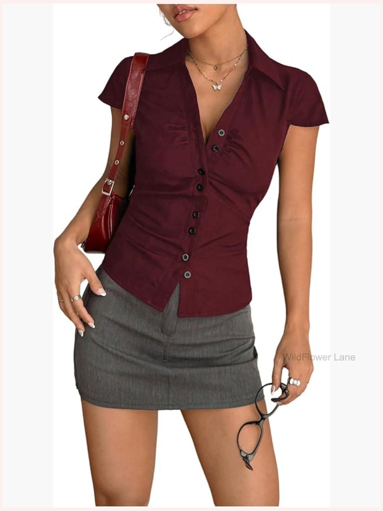 Striped Fitted Button Up Cropped Cap Sleeve Work Blouse